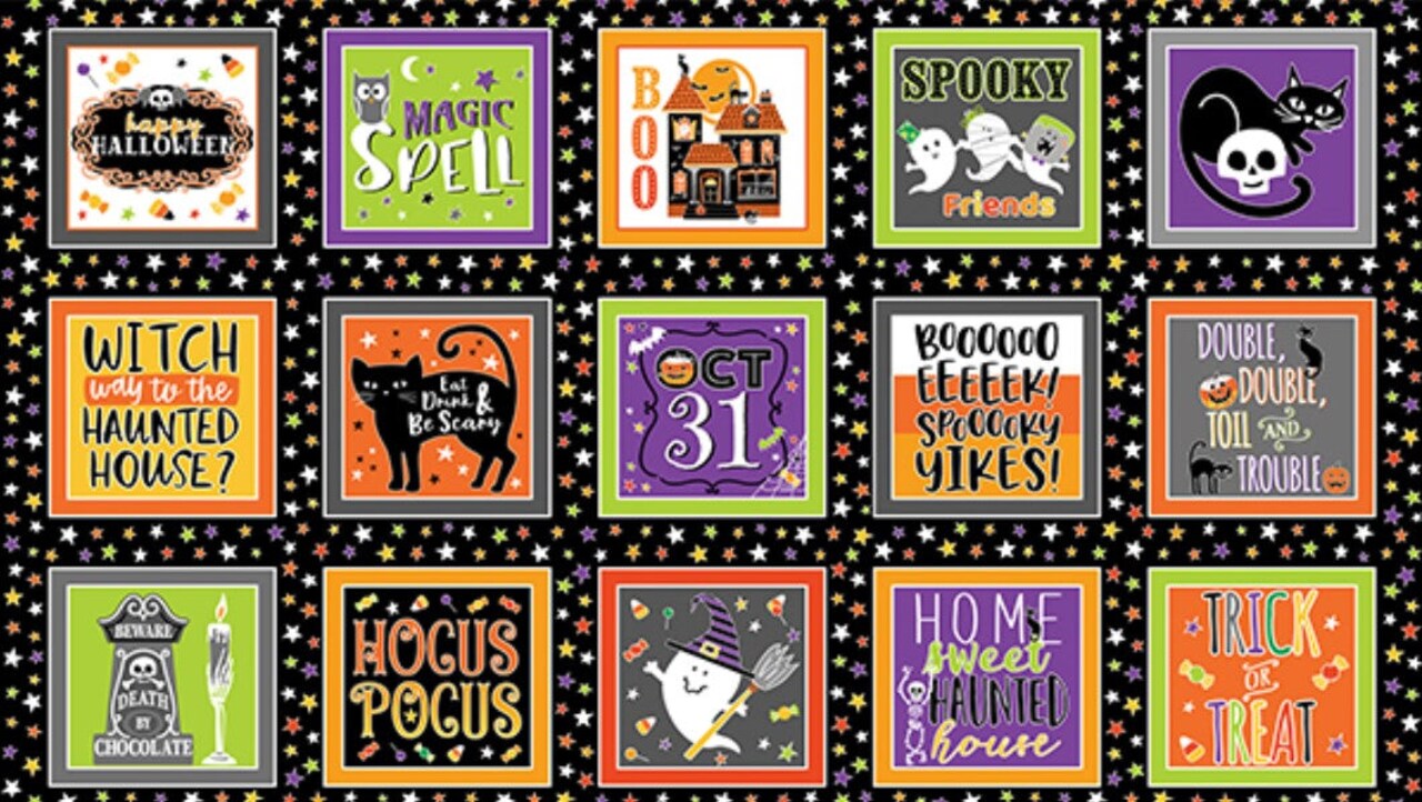 Benartex Halloween Glowoween Boxes On Black Glow in the Dark 100% Cotton Fabric Price per Panel